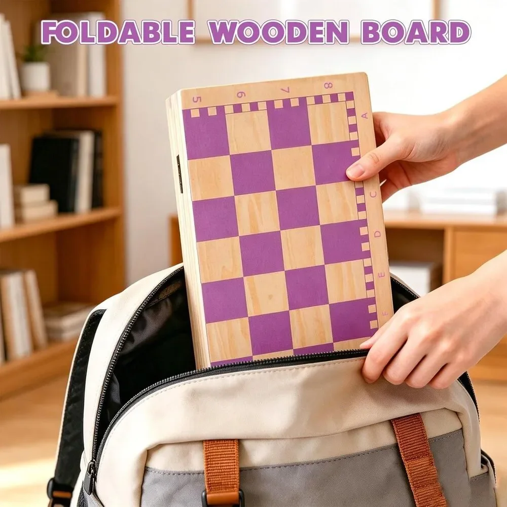2 in 1 Wooden Chess and Checkers Set Magnetic – 15 inch Folding Board Game